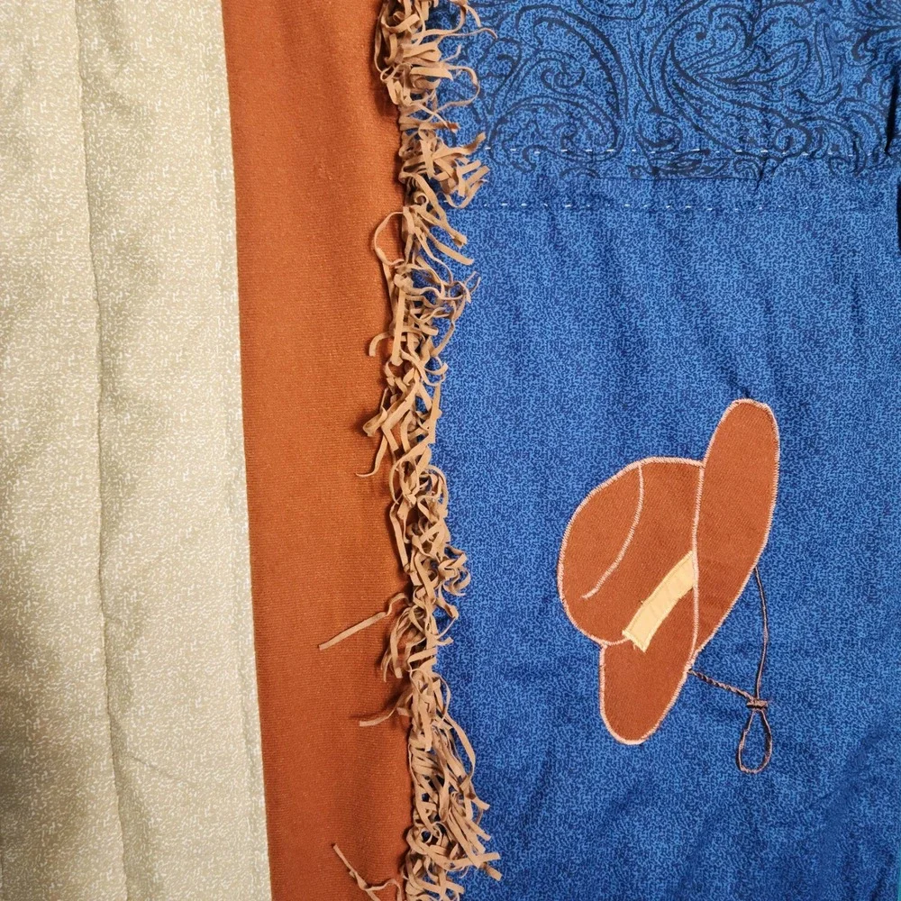 VTG Crown Crafts Western Cowboy Twin Comforter Blue Paisley Fringe Applique